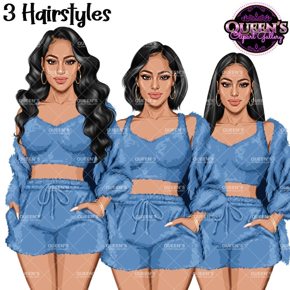 Blue pajama woman clipart featuring long wavy, short bob and long straight hairstyles with fuzzy crop tops, drawstring shorts and cozy cardigans, PNG clipart with transparent backgrounds.