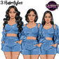 Blue pajama woman clipart featuring long wavy, short bob and long straight hairstyles with fuzzy crop tops, drawstring shorts and cozy cardigans, PNG clipart with transparent backgrounds.