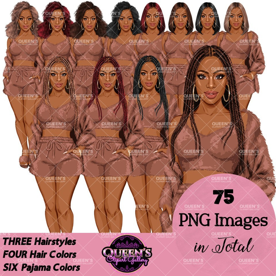 Black woman pajama clipart collection featuring women with braids, Afro hair and bob hairstyles wearing brown fuzzy shorts and sleepwear, PNG images with transparent backgrounds.