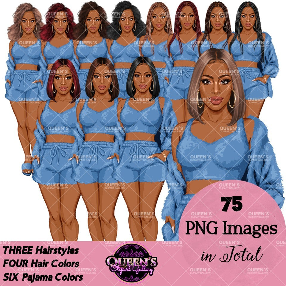 Black girl pajama clipart featuring Black women with braided, Afro and bob hairstyles wearing blue cozy sleepwear shorts and tops, PNG clipart with transparent backgrounds.