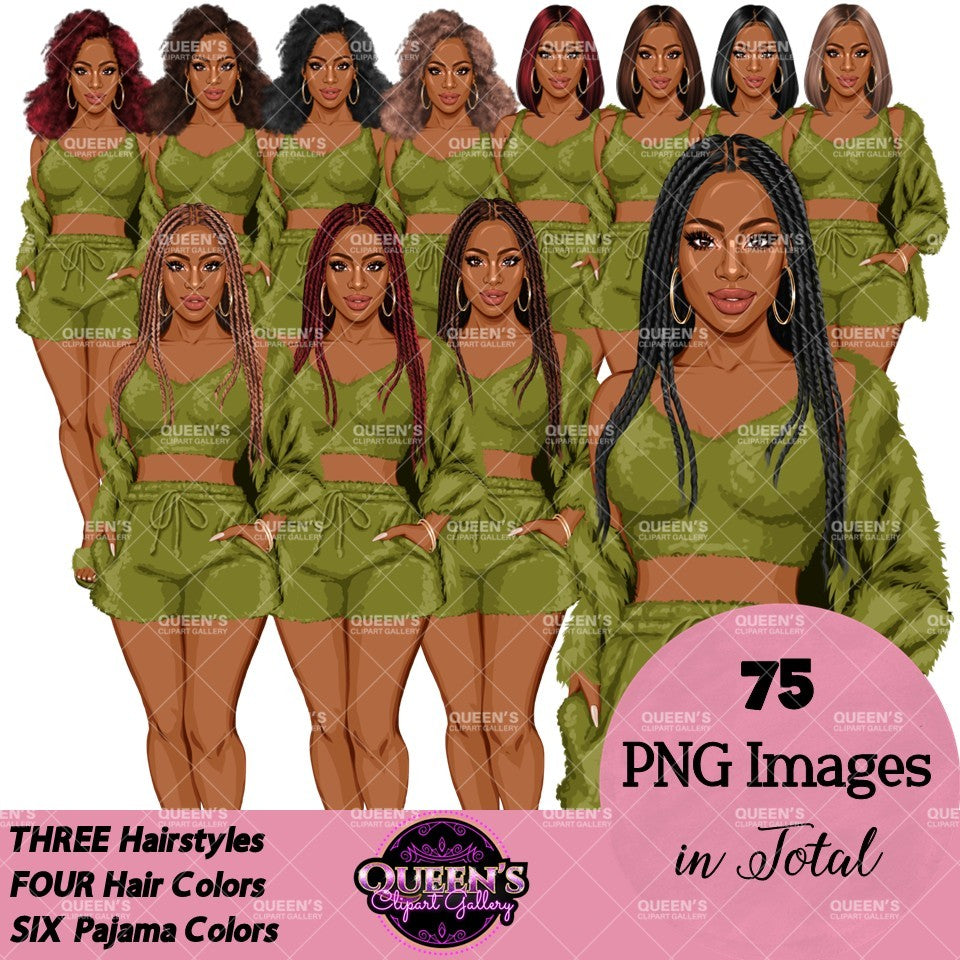 Black woman sleepwear clipart featuring women with braids, natural Afro hair and bob hairstyles wearing green pajama shorts and fuzzy tops, PNG images with transparent backgrounds.