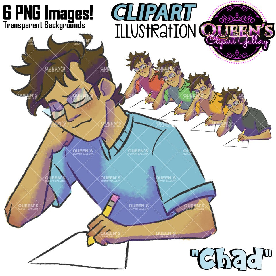 Male student writing clipart illustration with glasses, brown hair, pencil and paper, featuring colorful shirt variations and transparent backgrounds.