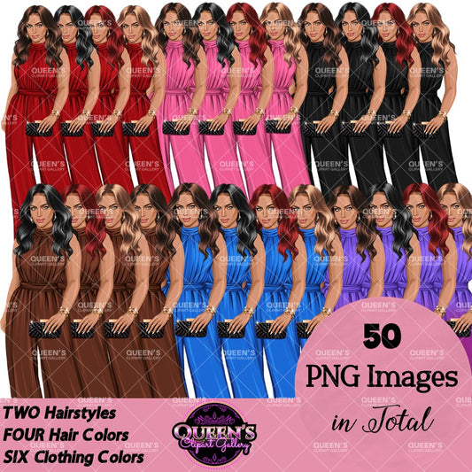 Fashion woman clipart collection featuring stylish women with long wavy hairstyles, colorful elegant jumpsuits, clutch purses, and transparent background PNG graphics.