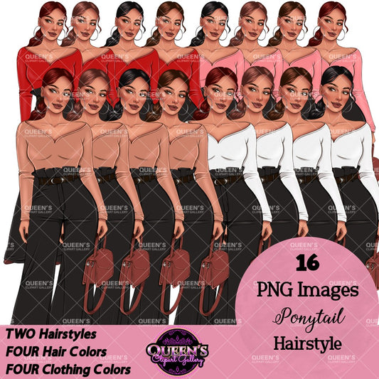 Woman clipart PNG collection featuring ponytail hairstyles, multiple hair colors, stylish tops, black wide leg pants, handbags, and transparent backgrounds