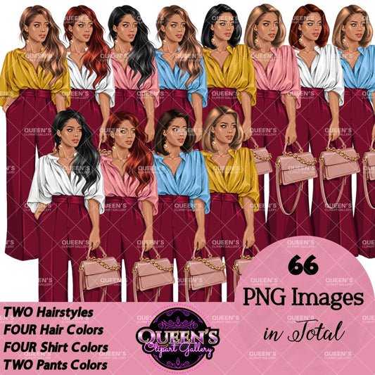 Business woman clipart collection with multiple hairstyles, hair colors and colorful blouses paired with burgundy wide leg pants and handbags, transparent background PNG.