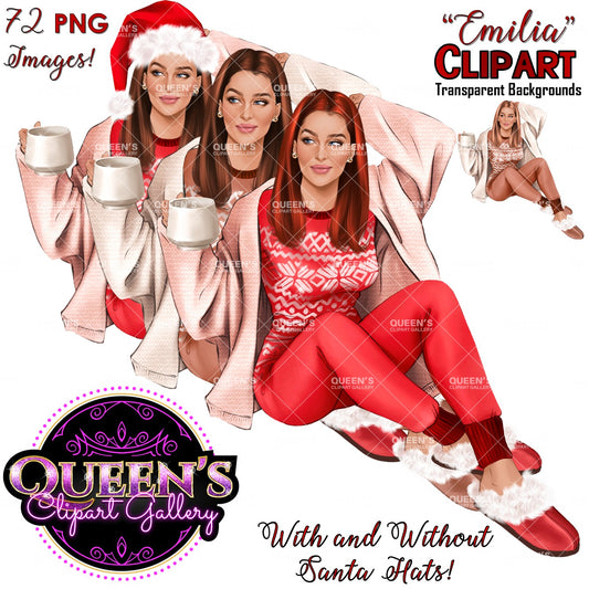 Christmas Clipart | Winter Clipart | Cozy Clipart | Woman | Holiday | Santa Hat | Coffee | Cozy Woman Clipart