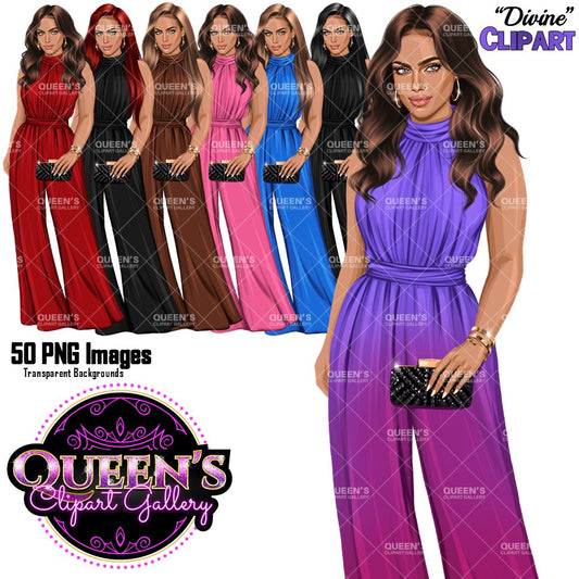 Fashion woman clipart PNG featuring an elegant woman in a stylish sleeveless wide-legged and high-neck jumpsuit with clutch purse, multiple hair and clothing colors, and transparent backgrounds.