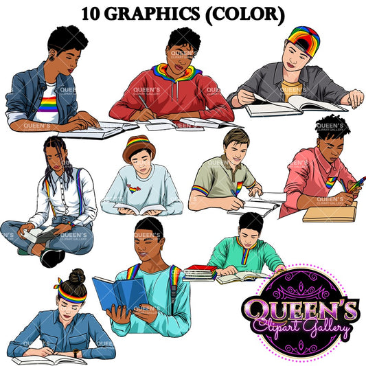LGBTQ students clipart featuring diverse teens reading books, writing and studying with Pride rainbow clothing and accessories, color PNG images with transparent backgrounds