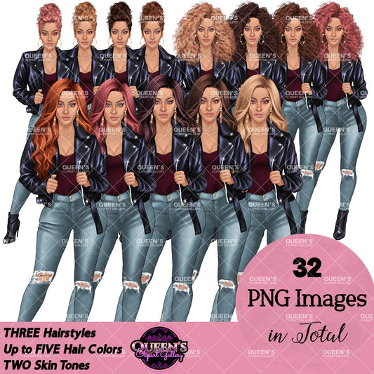 Fashion Woman Clipart | Leather Jacket Clipart | Denim Jeans Clipart | Fashion Girl PNG | Fashion Illustration