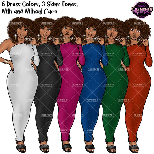 Curvy Black woman clipart featuring plus size women with curly hair and colorful one shoulder dresses in white, black, pink, blue, green and orange