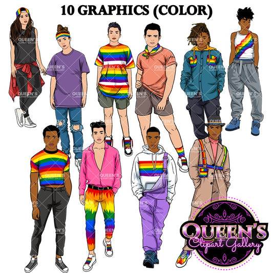 LGBTQ youth clipart featuring diverse teen boys and girls wearing Pride rainbow clothing, casual outfits and accessories, color PNG images with transparent backgrounds