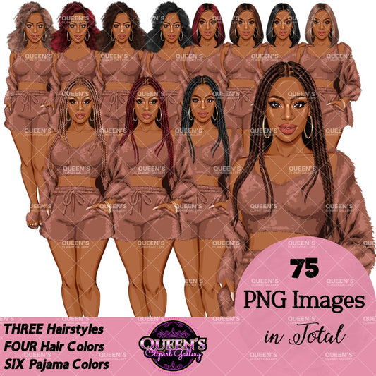 Pajama Girl Clipart PNG | Afro Woman Sleepwear Clipart | Cozy Loungewear Woman Illustration | Black Woman Pajama PNG
