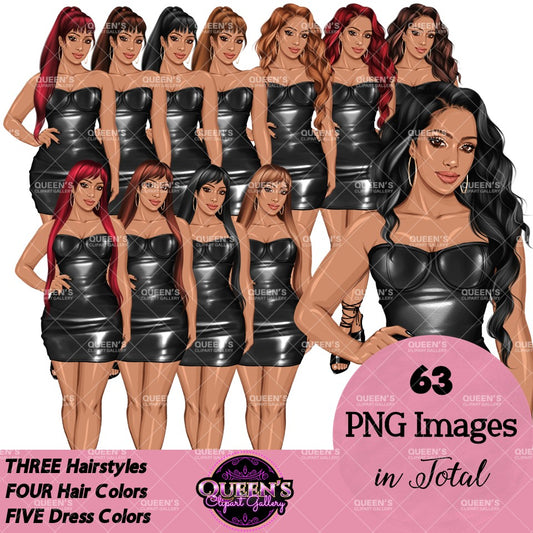 Digital fashion girl clipart pack featuring illustrated women wearing black strapless mini dresses.