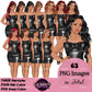 Digital fashion girl clipart pack featuring illustrated women wearing black strapless mini dresses.