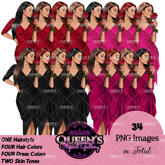 Valentine's Day rose, Woman in red dress, Valentine clipart, Fashion Illustration, Fashion girl png, Red rose, Love, Girl boss planner