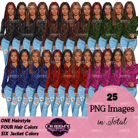 Black Woman Clipart | Braided Woman PNG | Leather Jacket Clipart | Fashion Woman Illustration | Black Girl Illustration | Denim Jeans Girl