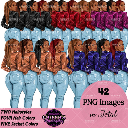 African American fashion woman clipart PNG featuring a stylish rear view woman with 2 hairstyles, 4 hair colors, 5 jacket color variations, transparent backgrounds, and black and white versions.