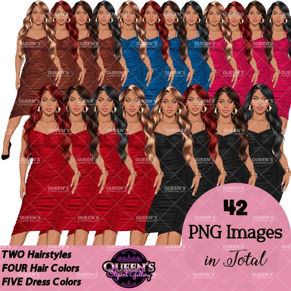 Fashion woman clipart featuring elegant female characters with long wavy hairstyles wearing stylish fitted dresses in multiple colors.