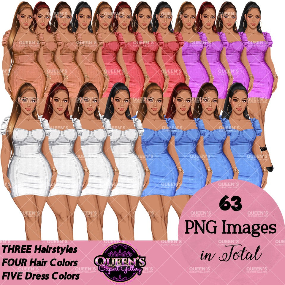 Dress clipart PNG collection featuring a fashionable woman in a fitted mini dress with multiple hairstyles, hair colors, dress color variations, and transparent backgrounds.
