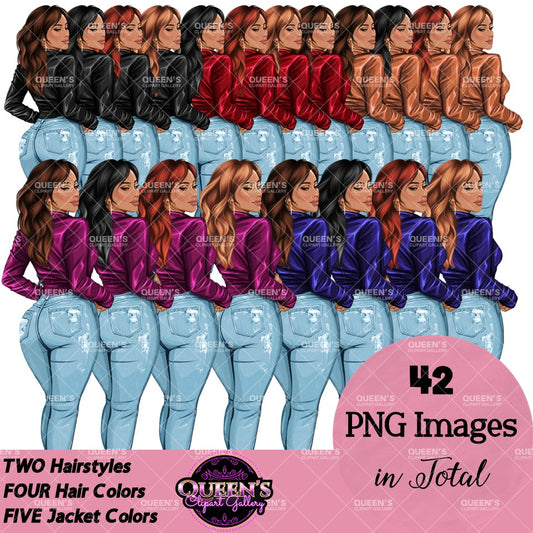Fashion woman clipart PNG featuring a stylish rear view woman with 2 hairstyles, 4 hair colors, 5 jacket color variations, transparent backgrounds, and black and white versions.
