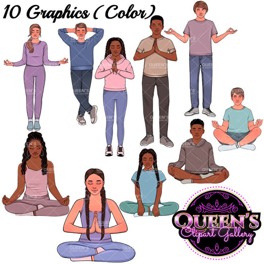 Relaxed High School Teenagers | Calm Teenagers Clipart | Mindfulness Teens Clipart | Yoga Clipart | Mental Health Clipart | Fitness Clipart