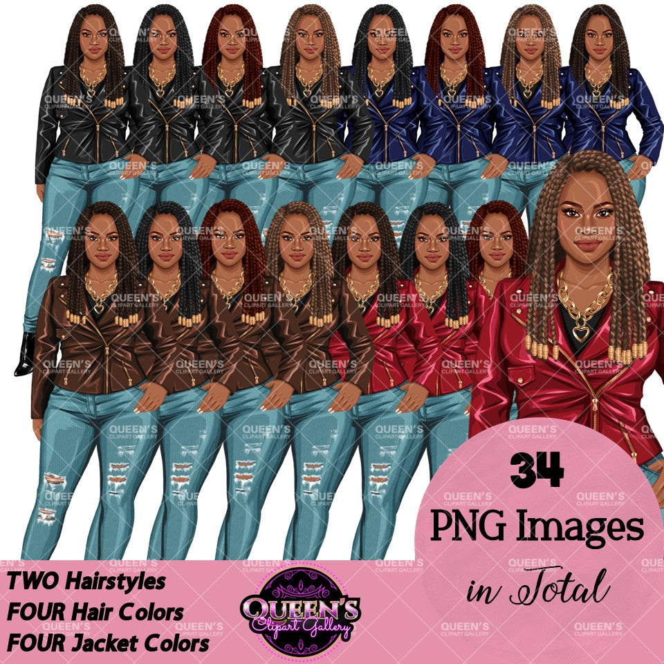Black woman clipart PNG with braided hairstyles, four hair colors and leather jackets with transparent backgrounds.
