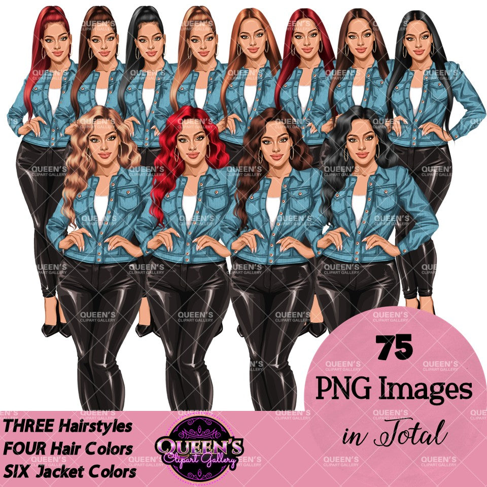 Digital clipart  featuring a stylized woman in a light blue button-up jacket and black pants.  Fashion woman clipart PNG featuring a stylish woman wearing a casual jacket with 3 hairstyles, 4 hair colors, 6 jacket color variations, and transparent background.