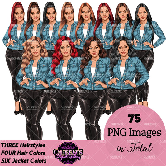 Digital clipart  featuring a stylized woman in a light blue button-up jacket and black pants.  Fashion woman clipart PNG featuring a stylish woman wearing a casual jacket with 3 hairstyles, 4 hair colors, 6 jacket color variations, and transparent background.