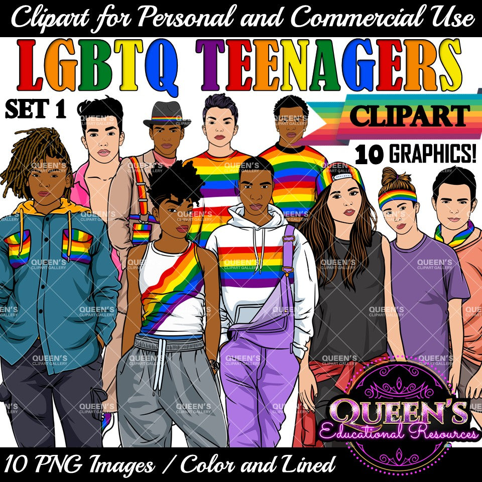 LGBTQ teen clipart collection featuring diverse teenagers in Pride rainbow clothing, inclusive LGBTQ youth PNG images with transparent backgrounds