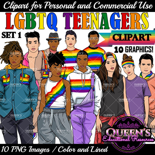 LGBTQ teen clipart collection featuring diverse teenagers in Pride rainbow clothing, inclusive LGBTQ youth PNG images with transparent backgrounds