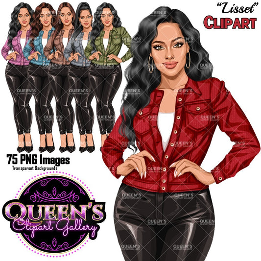 Digital clipart preview featuring a stylized woman in a red button-up denim jacket and black pants, with smaller alternate outfit versions on the left, text reading '75 PNG Images', 'Queen's Clipart Gallery.' Fashion woman clipart PNG featuring a stylish woman in a casual jacket with 3 hairstyles, 4 hair colors, 6 jacket color variations, and transparent background.