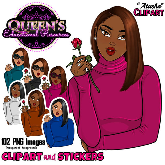 Fashion Clipart | Black Girl Magic Clipart | Black Girl Clipart | Afro Girl Clipart | Afro Woman | Valentine Rose Clipart | Rose Clipart