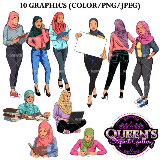 Hijab girls, Hijab Women Clipart, Girls in hijabs, Teenagers, Studying, Teens reading, Teens writing, Teen clipart, Muslim woman, Hijabs