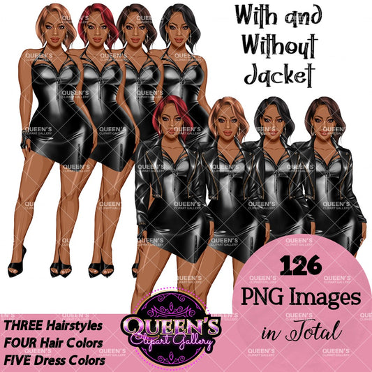 Afro woman in leather dress, Girl boss, Lady boss, Black girl magic, Fashion girl clipart, Fashion illustration clipart, Curvy girl clipart