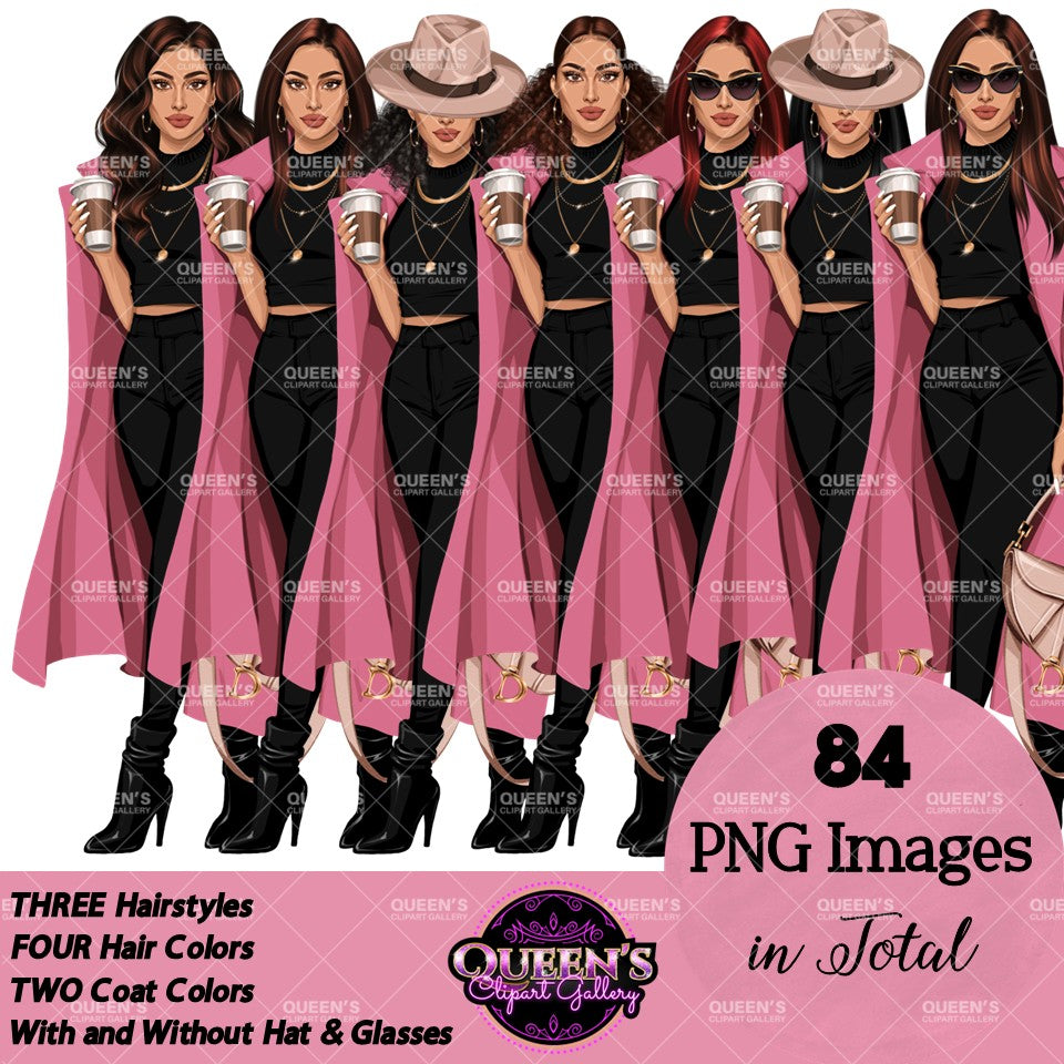 Stylish woman clipart collection featuring pink trench coat, black outfit, coffee cup, handbag, sunglasses and hat with multiple hairstyles and hair colors.