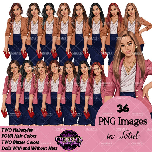 Professional business woman clipart collection with blazers, pencil skirts and multiple hairstyles, PNG images with transparent backgrounds.