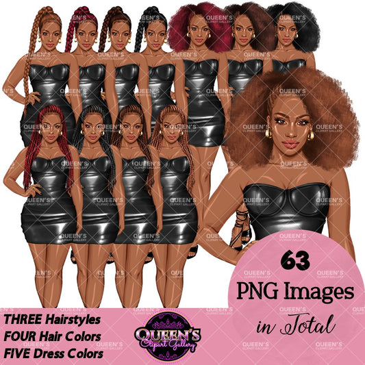 Black Woman Leather Dress Clipart | Afro Woman Fashion PNG | Curvy Woman Clipart | Fashion Illustration | Girl Boss Clipart