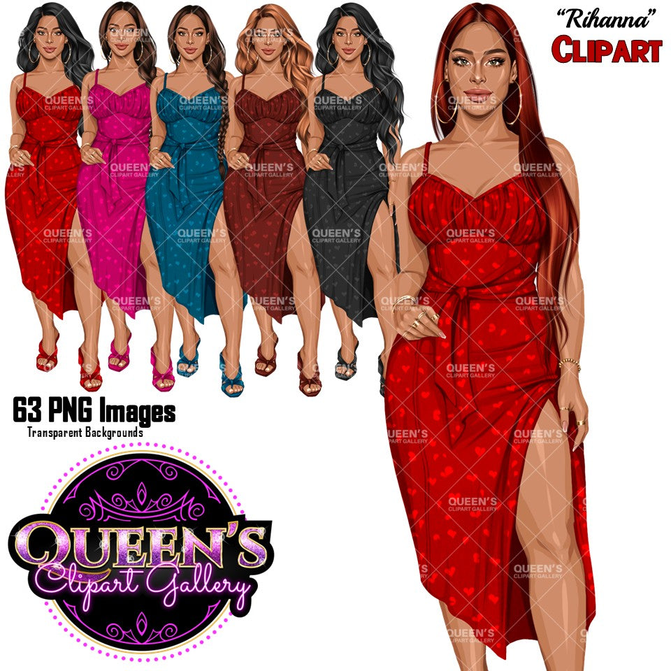 Fashion woman clipart collection wearing elegant heart print midi dresses with side slits, heels and hoop earrings in multiple dress colors and hairstyles, PNG images with transparent backgrounds