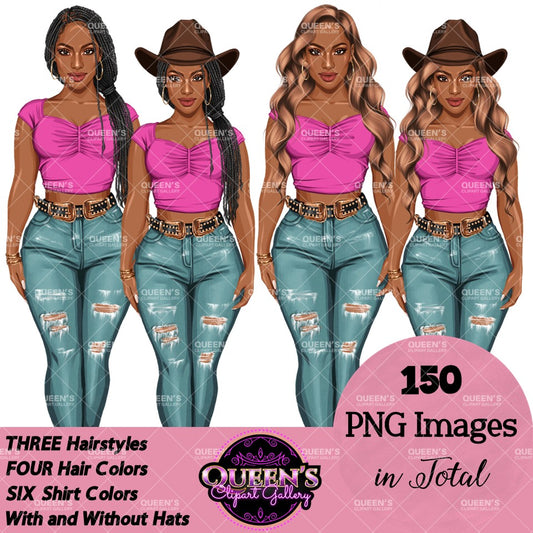 Afro Fashion Girl Clipart PNG | Western Cowgirl Clipart | Black Woman Fashion Illustration | Denim Girl Clipart | Fashion Girl Clipart