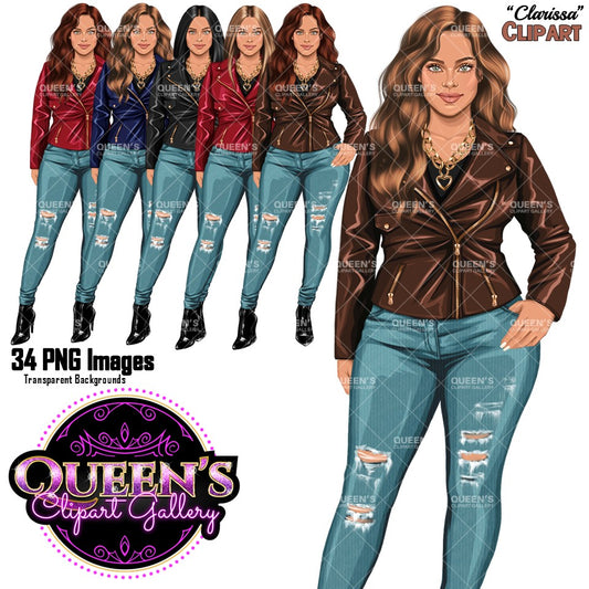 Curvy woman clipart PNG collection featuring plus size fashion woman in leather jacket, ripped jeans and boots with multiple hair and jacket colors with transparent backgrounds.