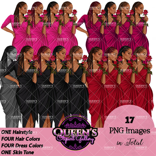 Valentine's Day rose, Afro woman in red dress, Valentine clipart, Fashion Illustration, Fashion girl png, Red rose, Love, Girl boss planner, Love