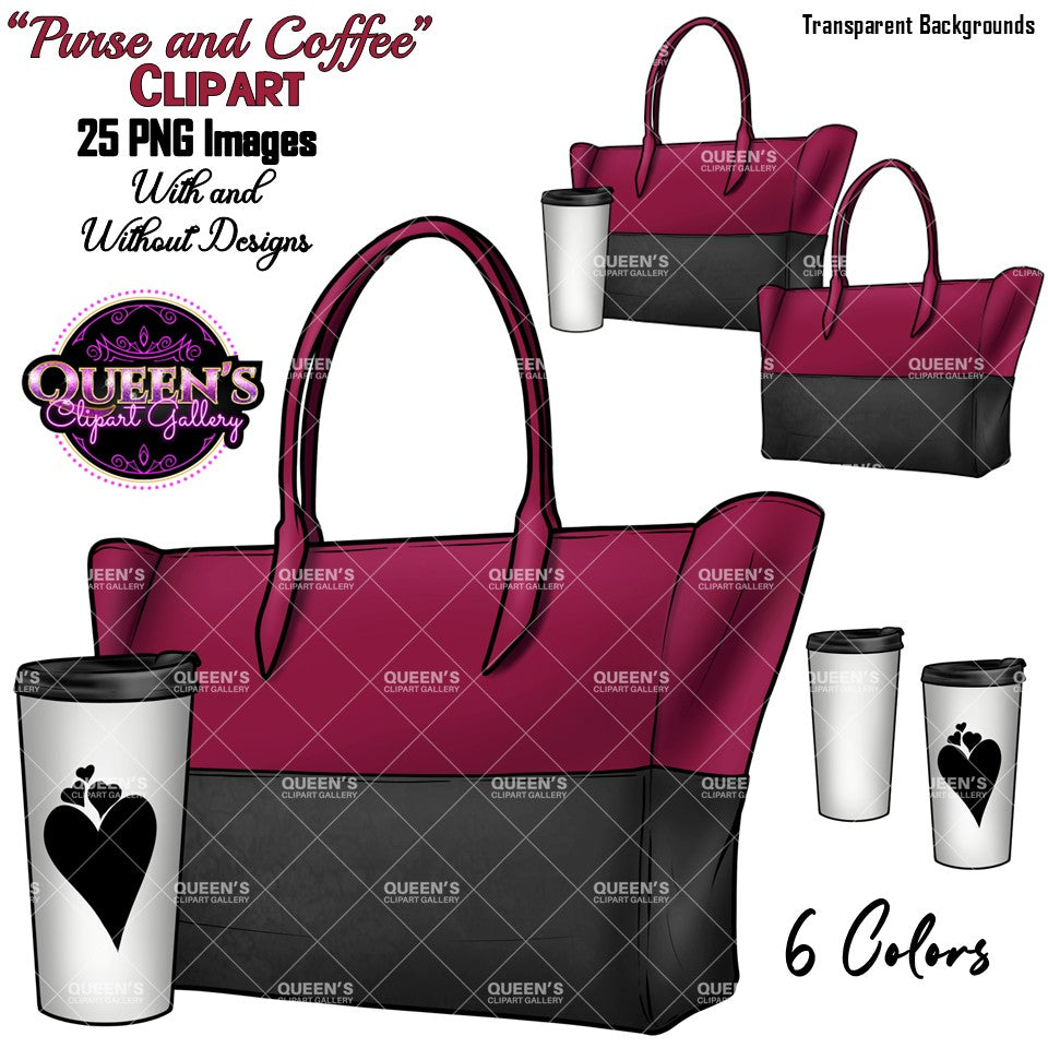 Purse and coffee clipart collection featuring burgundy and black tote bags with travel coffee cups, PNG images with transparent backgrounds.