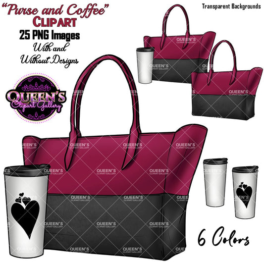 Purse and coffee clipart collection featuring burgundy and black tote bags with travel coffee cups, PNG images with transparent backgrounds.