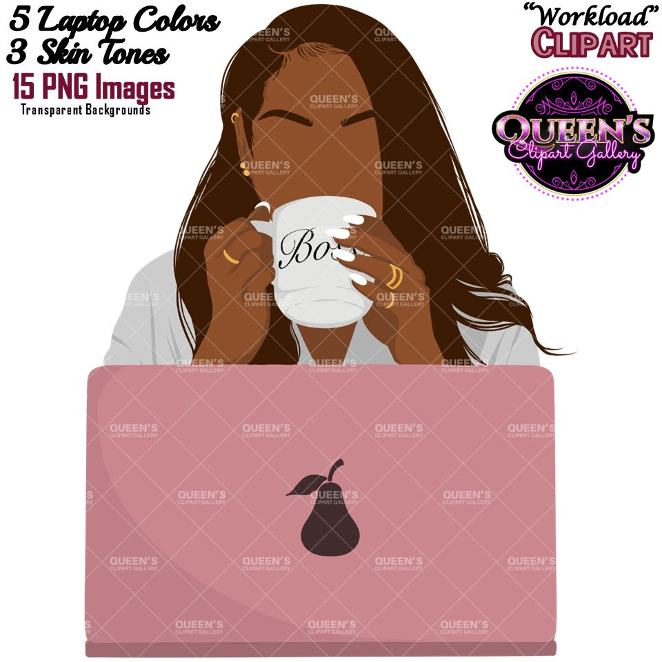 Black Woman Flat Illustration | Laptop Woman Working Clipart | Work From Home PNG | Flat Illustration | Flat Design