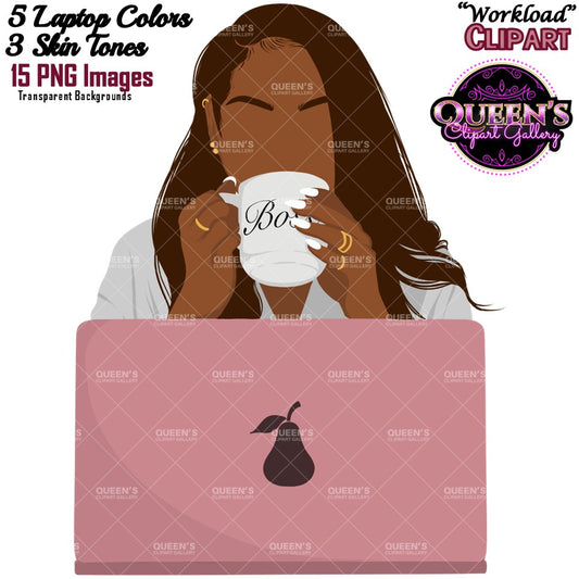 Black Woman Flat Illustration | Laptop Woman Working Clipart | Work From Home PNG | Flat Illustration | Flat Design