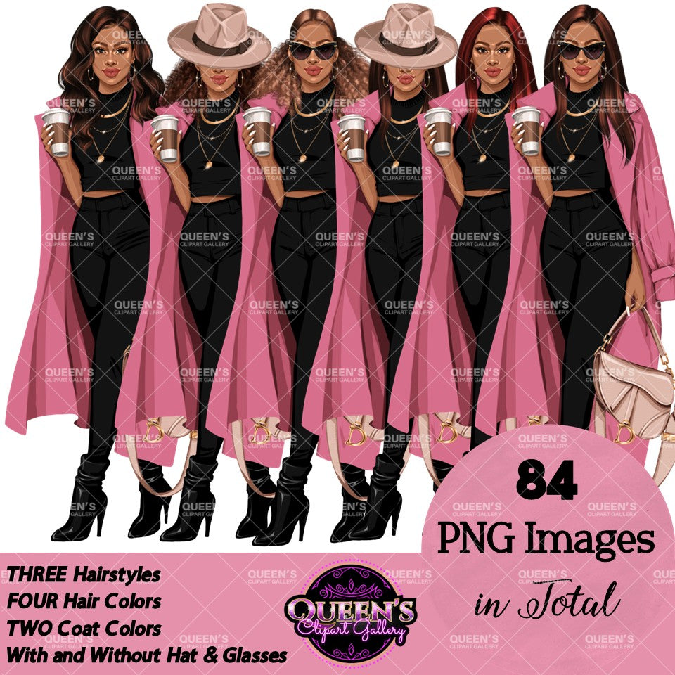 Afro Woman | Fashion Woman Clipart | Fashion Woman Clipart | Coffee Woman PNG | Trench Coat Girl Clipart | Coffee Illustration