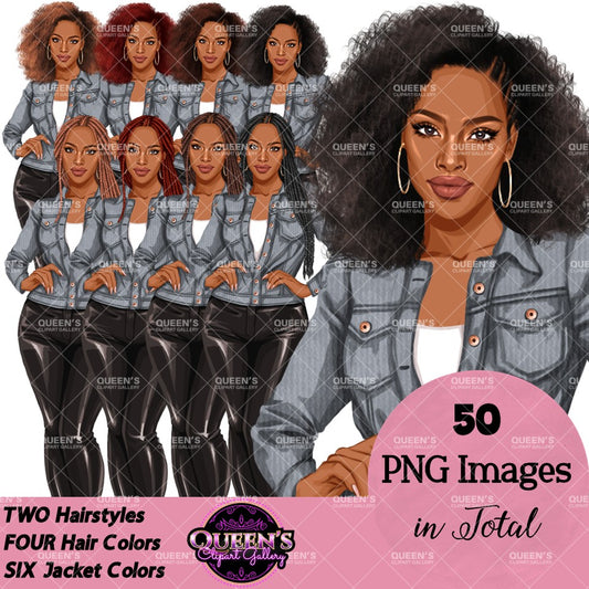 Digital clipart featuring a stylized African American woman in a light blue button-up jacket and black pants. Fashion woman clipart PNG featuring a stylish woman wearing a casual jacket with 2 hairstyles, 4 hair colors, 6 jacket color variations, and transparent background.