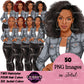 Digital clipart  featuring a stylized African American woman in a light blue button-up jacket and black pants.  Fashion woman clipart PNG featuring a stylish woman wearing a casual jacket with 2 hairstyles, 4 hair colors, 6 jacket color variations, and transparent background.