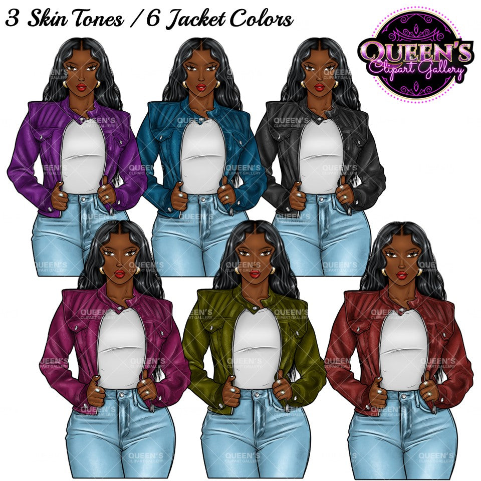 Afro Girl Clipart, Afro Woman in Leather Jacket Clipart, Fashion Girl Clipart, Fashion Illustration Clipart, Black Girl Magic, Girl Boss