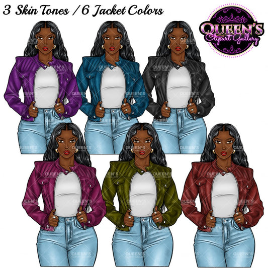 Afro Girl Clipart, Afro Woman in Leather Jacket Clipart, Fashion Girl Clipart, Fashion Illustration Clipart, Black Girl Magic, Girl Boss